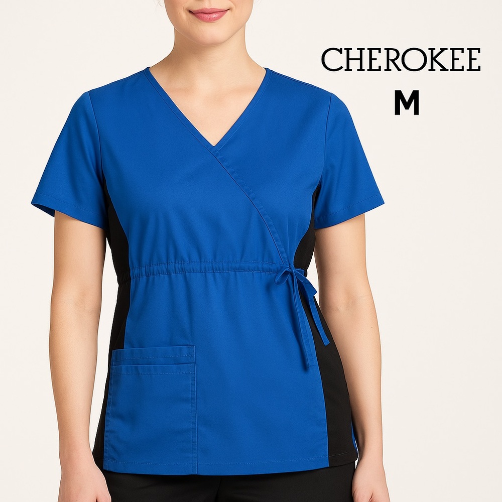 Cherokee Flex Blue Scrub Top M Black Side Panels Wrap Tie Waist